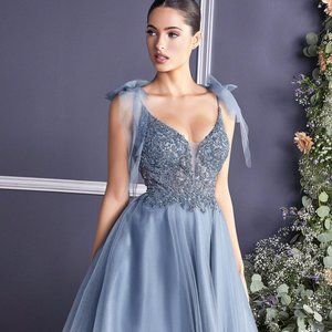 NEW SMOKY BLUE OFF SHOULDER A-LINE SHORT TULLE SEQUINED DRESS WITH ZIP CD0174